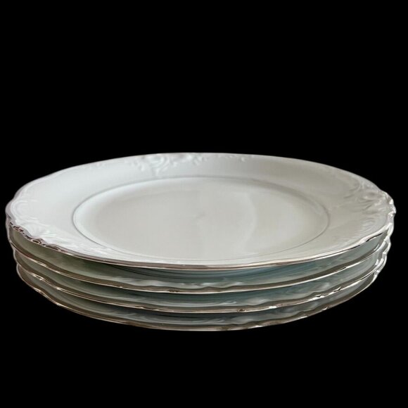 Vintage Wawel Poland 4 China Dinner Plates 10.5 Embossed White Platinum Trim - Picture 2 of 8
